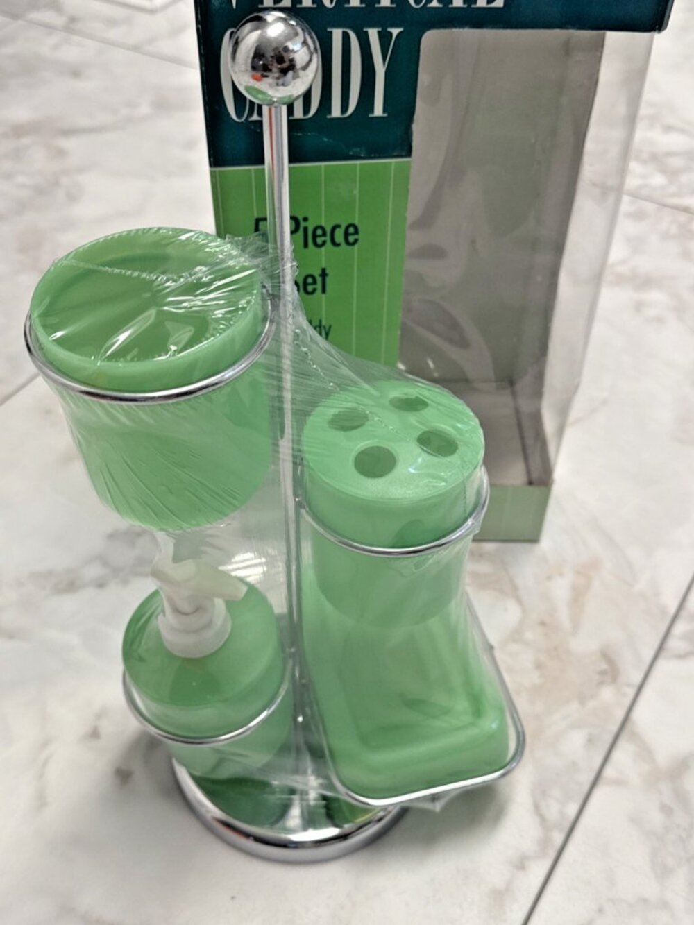 Vintage 90s 5 Piece Bathroom Vertical Caddy Set Green Plastic Chrome Stand NEW